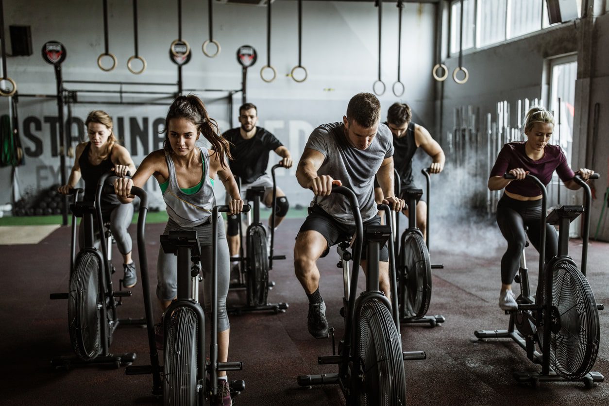 intense circuit class with well maintained fitness bikes